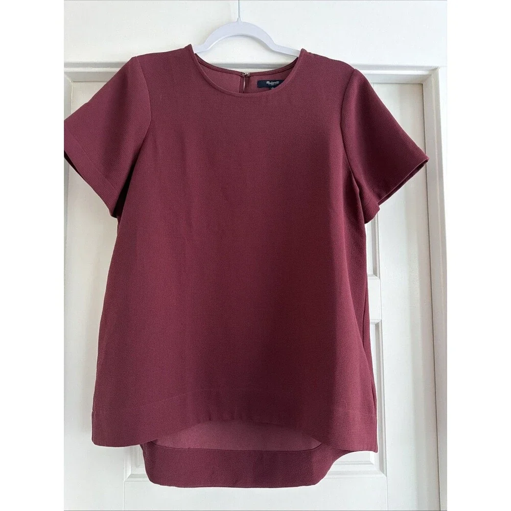 Madewell Tailored Tee Short Sleeve Pleat Back Blouse Burgundy Large